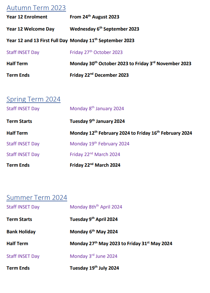 BOA Stage & Screen Term dates